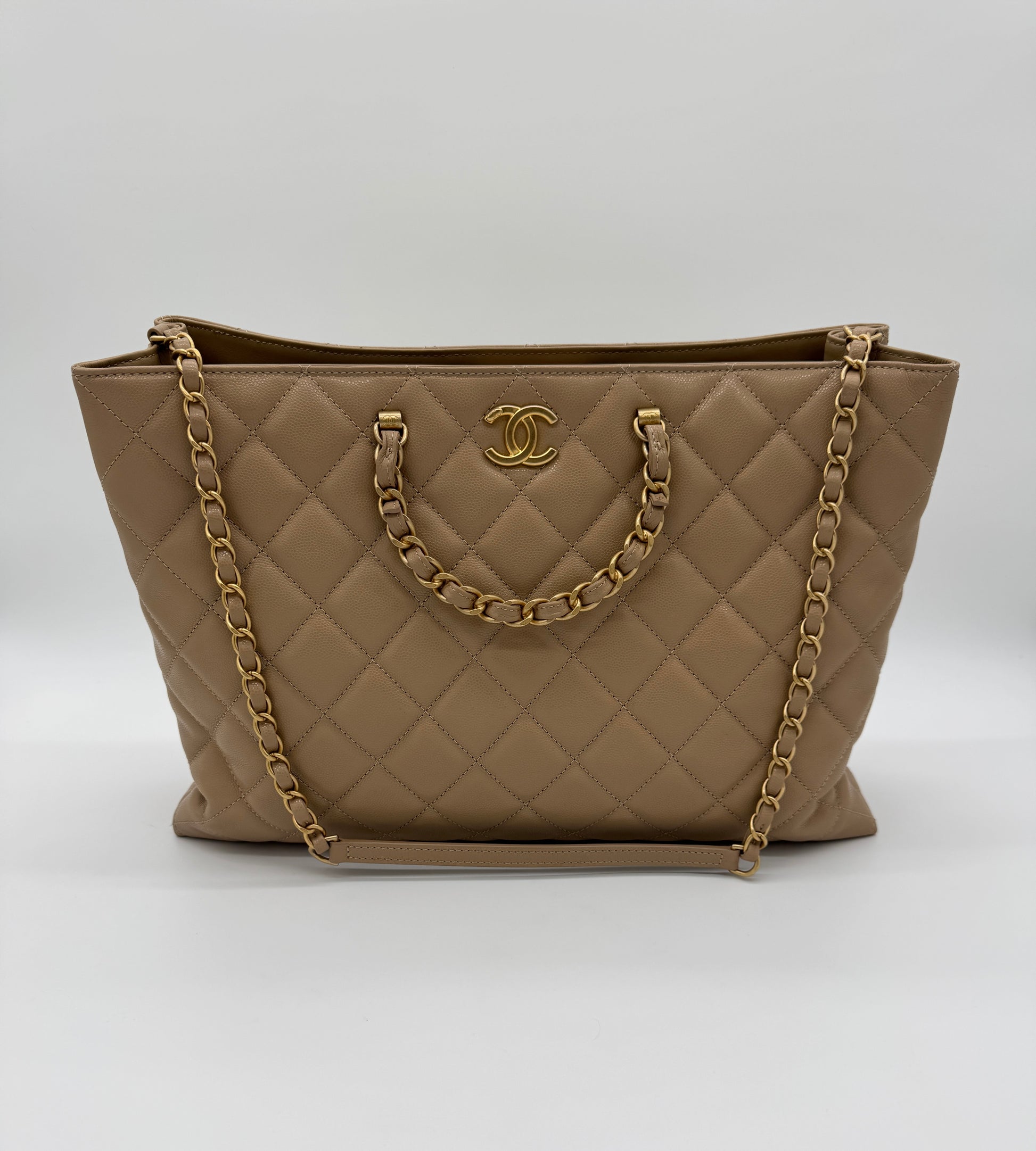 Chanel Shiny Caviar Chain Handle Quilted Shopping Tote Dark Beige 24S