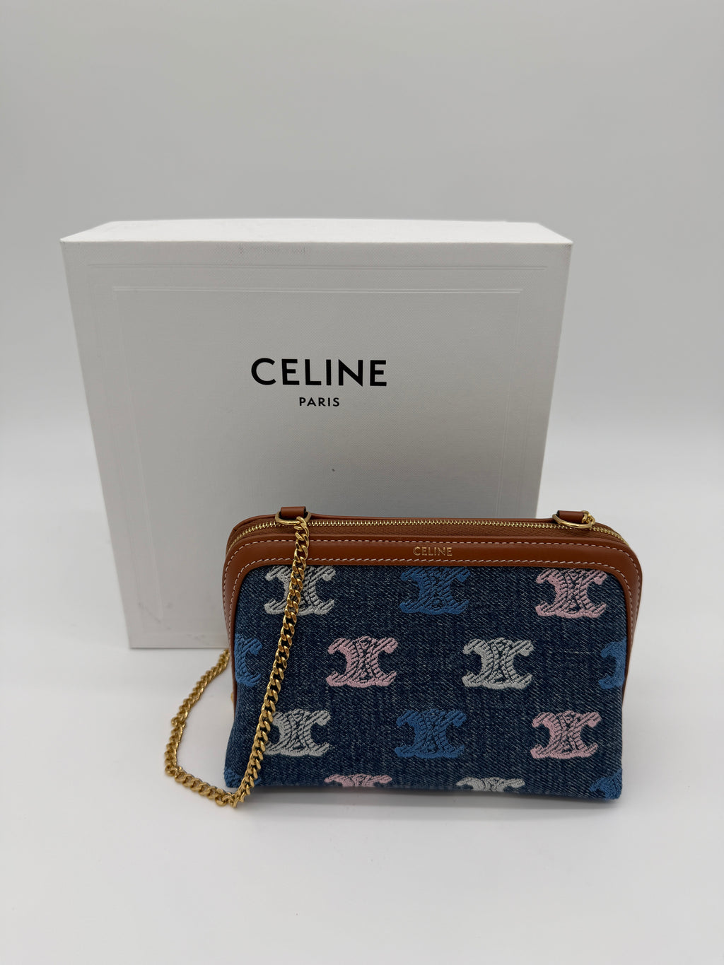 Celine Triomphe Denim Clutch on Chain