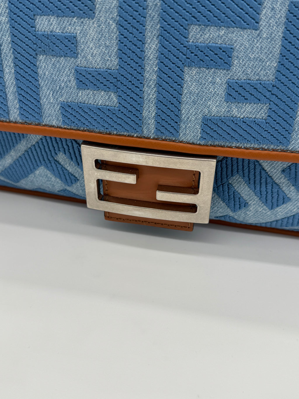 Fendi Denim Vitello King FF Embroidered Baguette