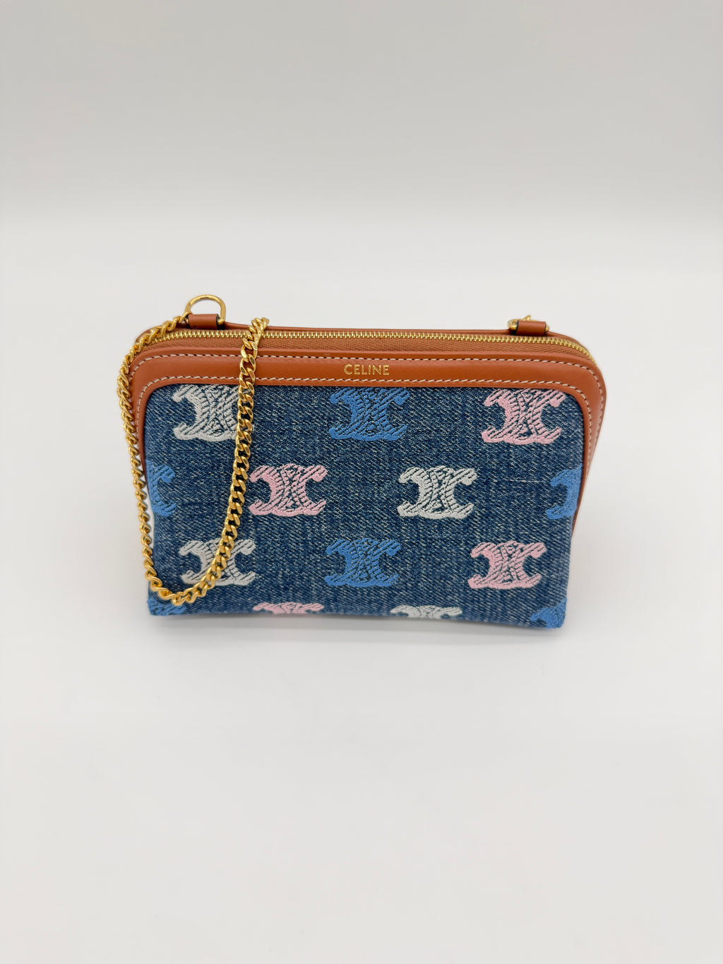 Celine Triomphe Denim Clutch on Chain