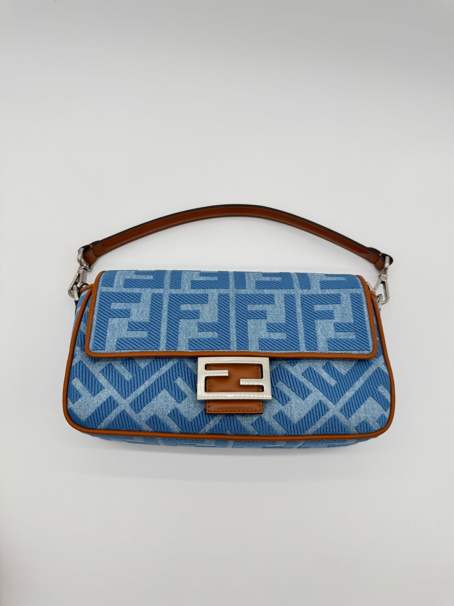 Fendi Denim Vitello King FF Embroidered Baguette
