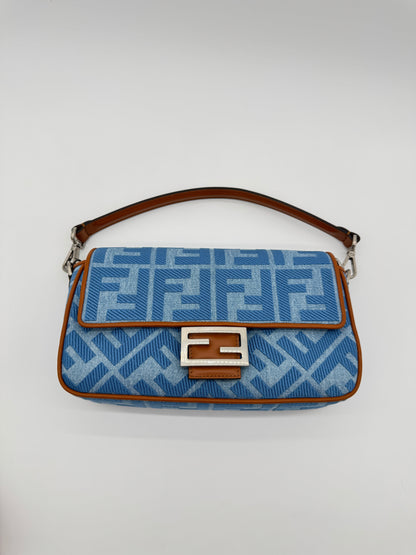 Fendi Denim Vitello King FF Embroidered Baguette
