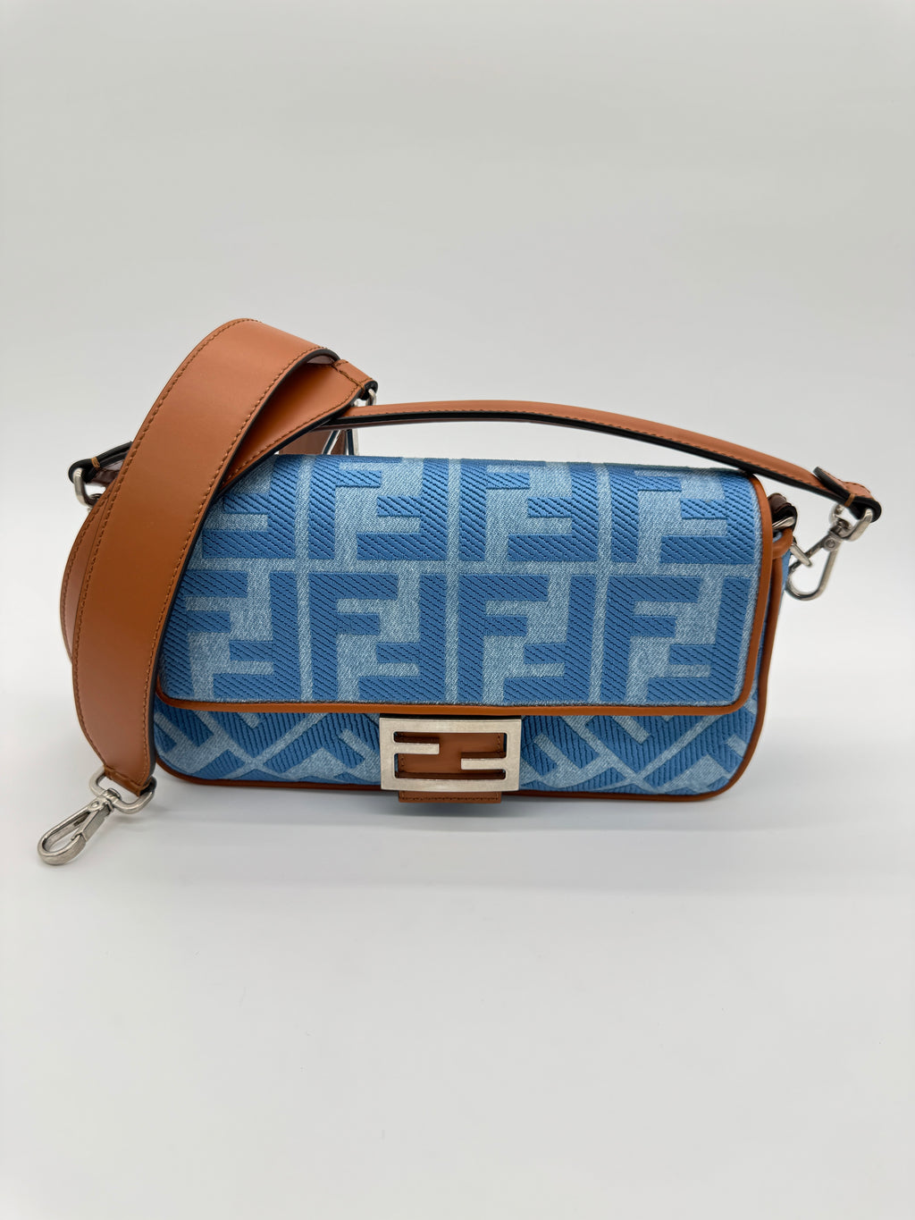 Fendi Denim Vitello King FF Embroidered Baguette