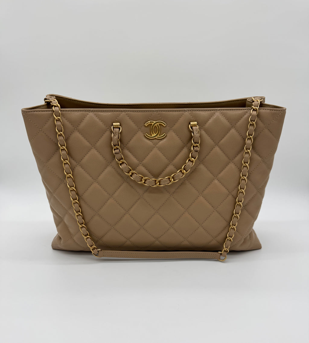 Chanel Shiny Caviar Chain Handle Quilted Shopping Tote Dark Beige 24S