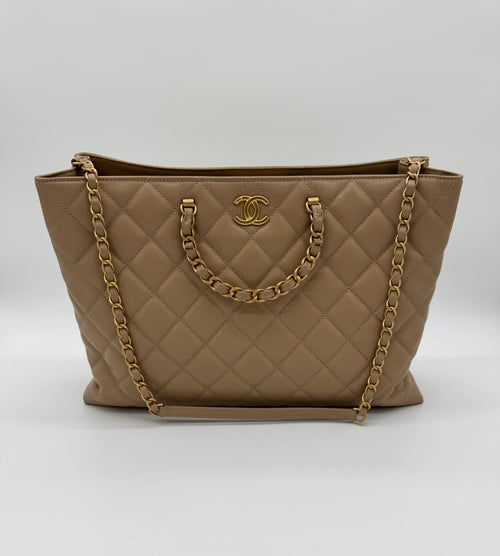 Chanel Shiny Caviar Chain Handle Quilted Shopping Tote Dark Beige 24S