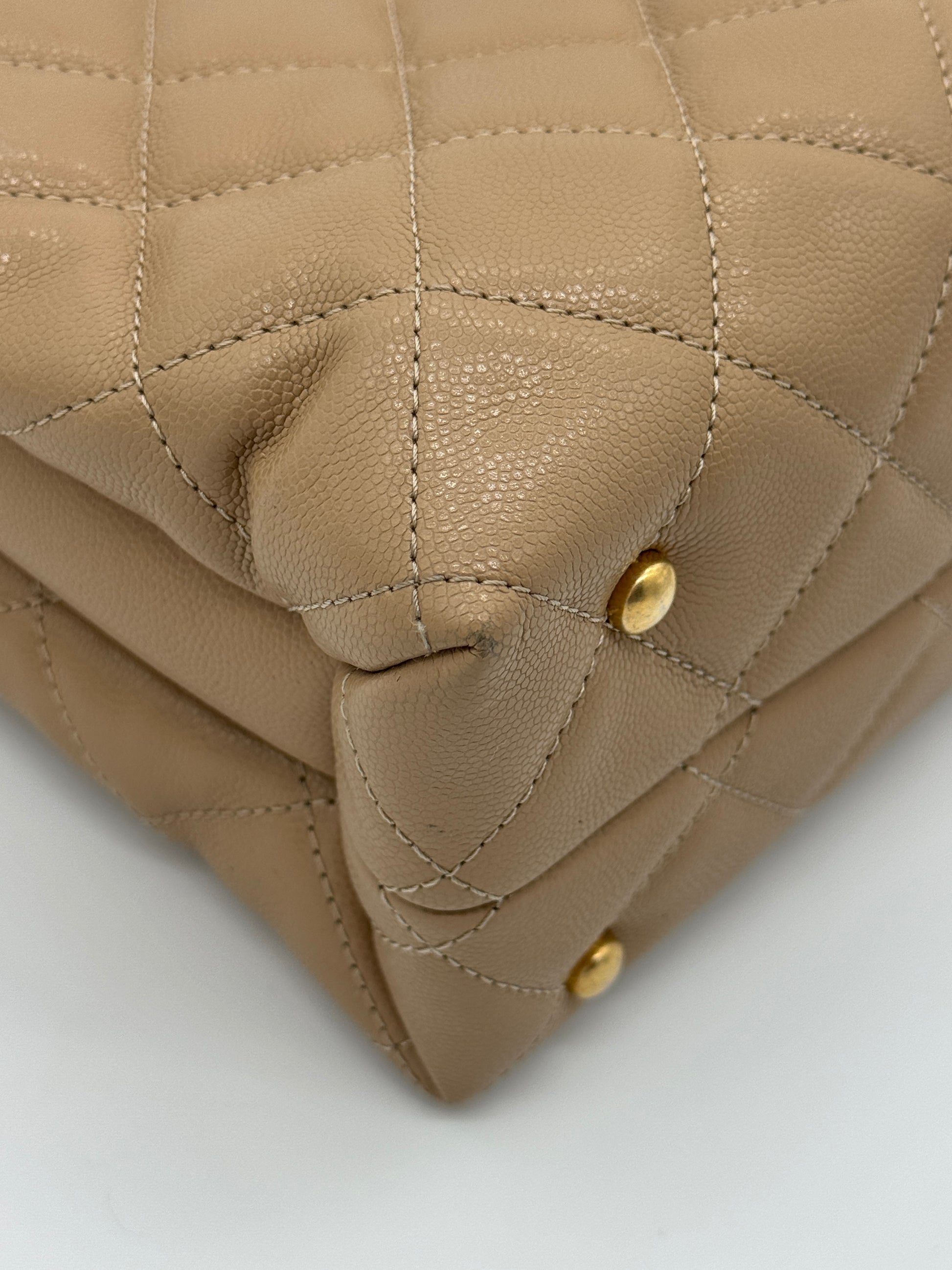 Chanel Shiny Caviar Chain Handle Quilted Shopping Tote Dark Beige 24S