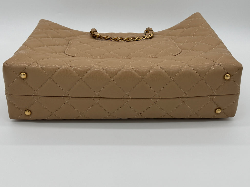 Chanel Shiny Caviar Chain Handle Quilted Shopping Tote Dark Beige 24S