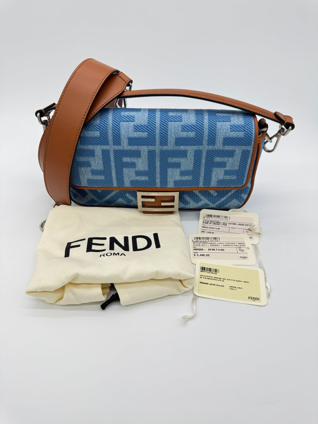 Fendi Denim Vitello King FF Embroidered Baguette
