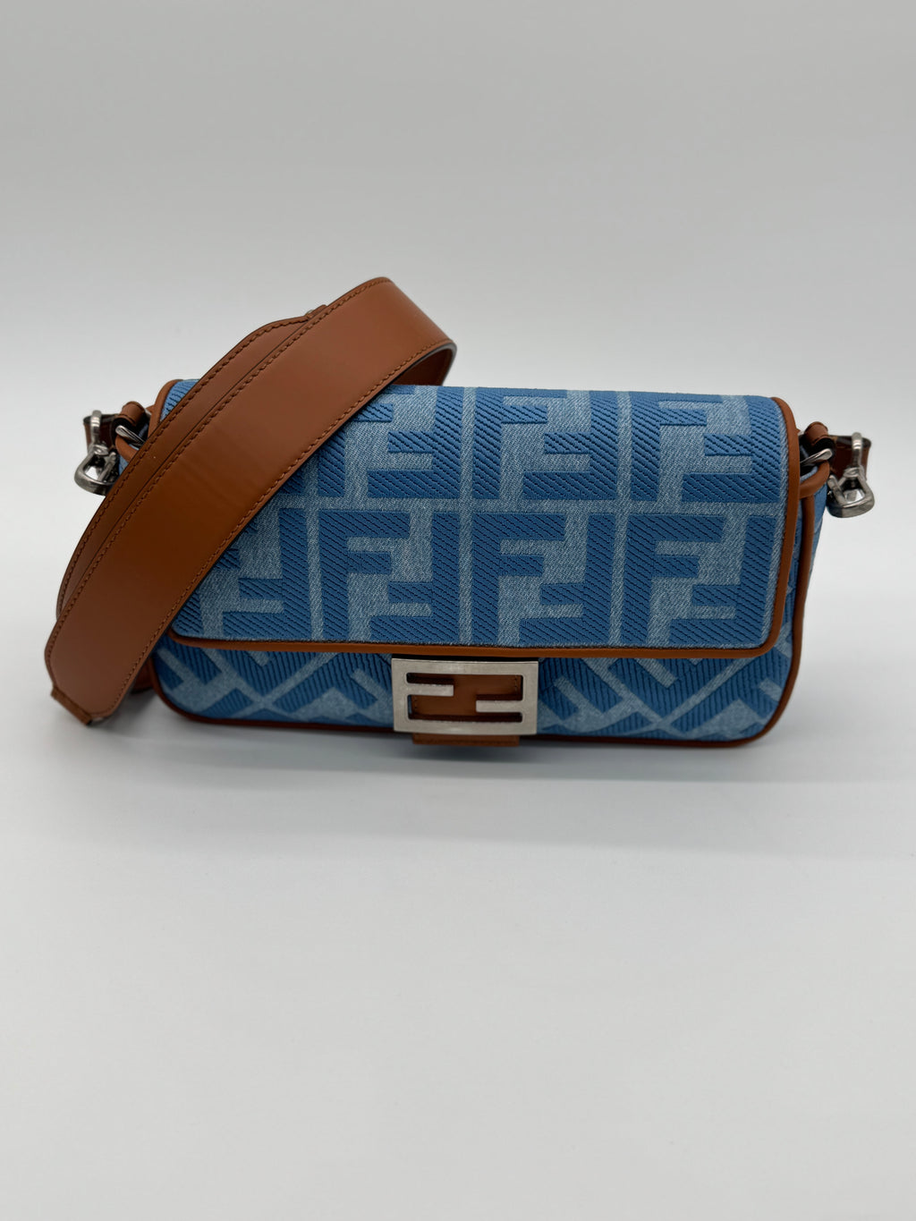 Fendi Denim Vitello King FF Embroidered Baguette