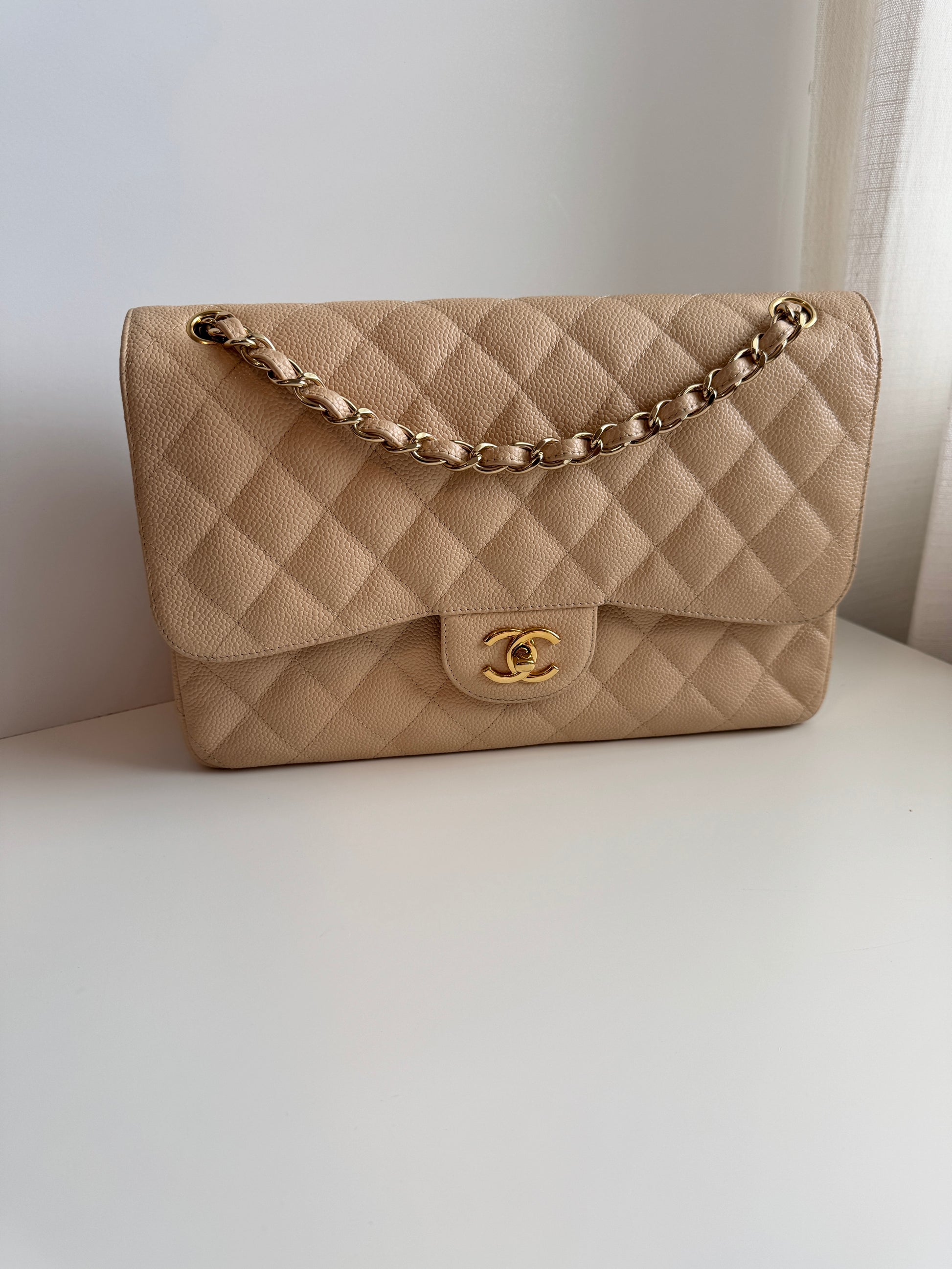 Chanel Jumbo Double Flap Bag Beige Caviar GHW