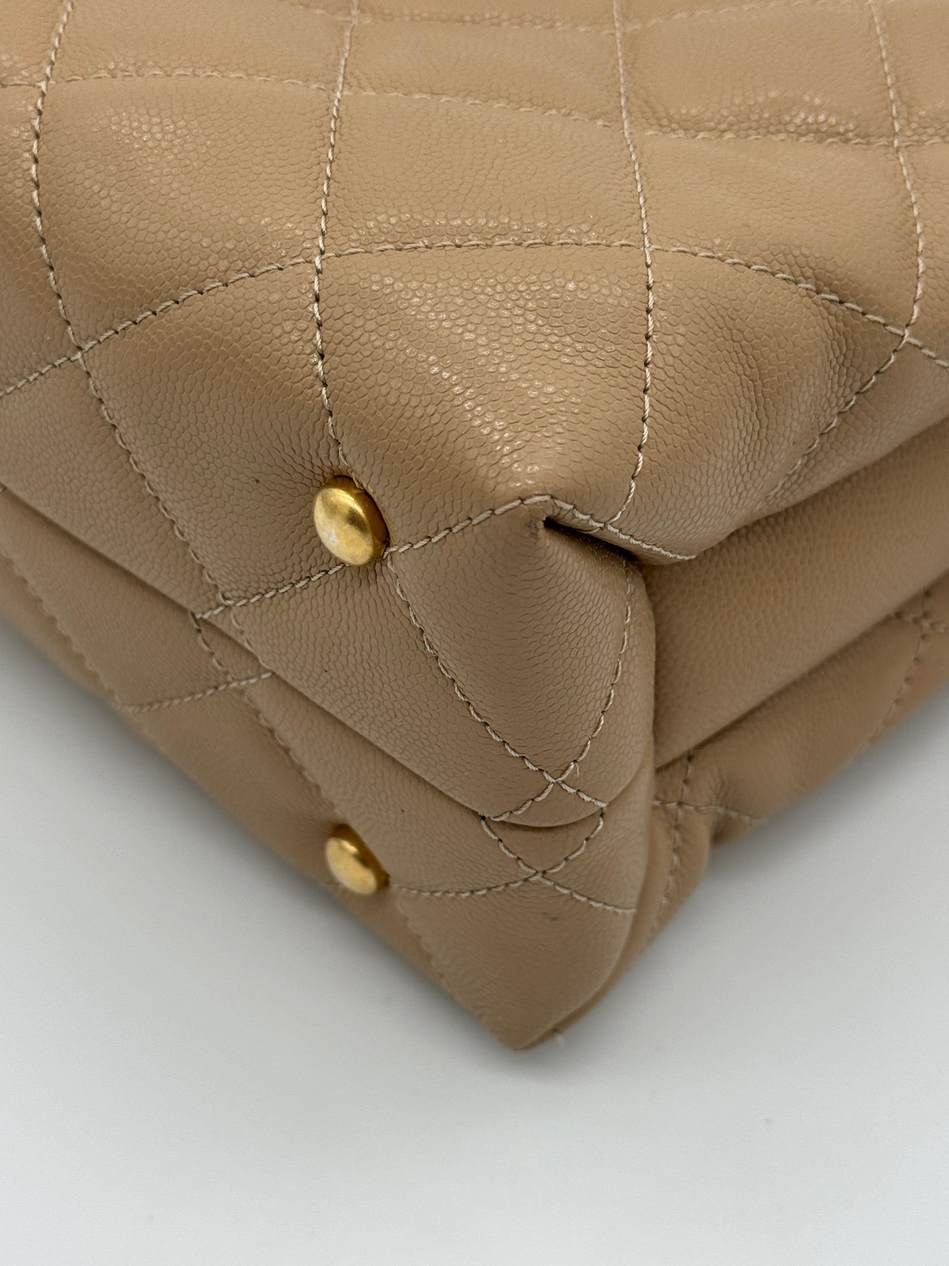 Chanel Shiny Caviar Chain Handle Quilted Shopping Tote Dark Beige 24S