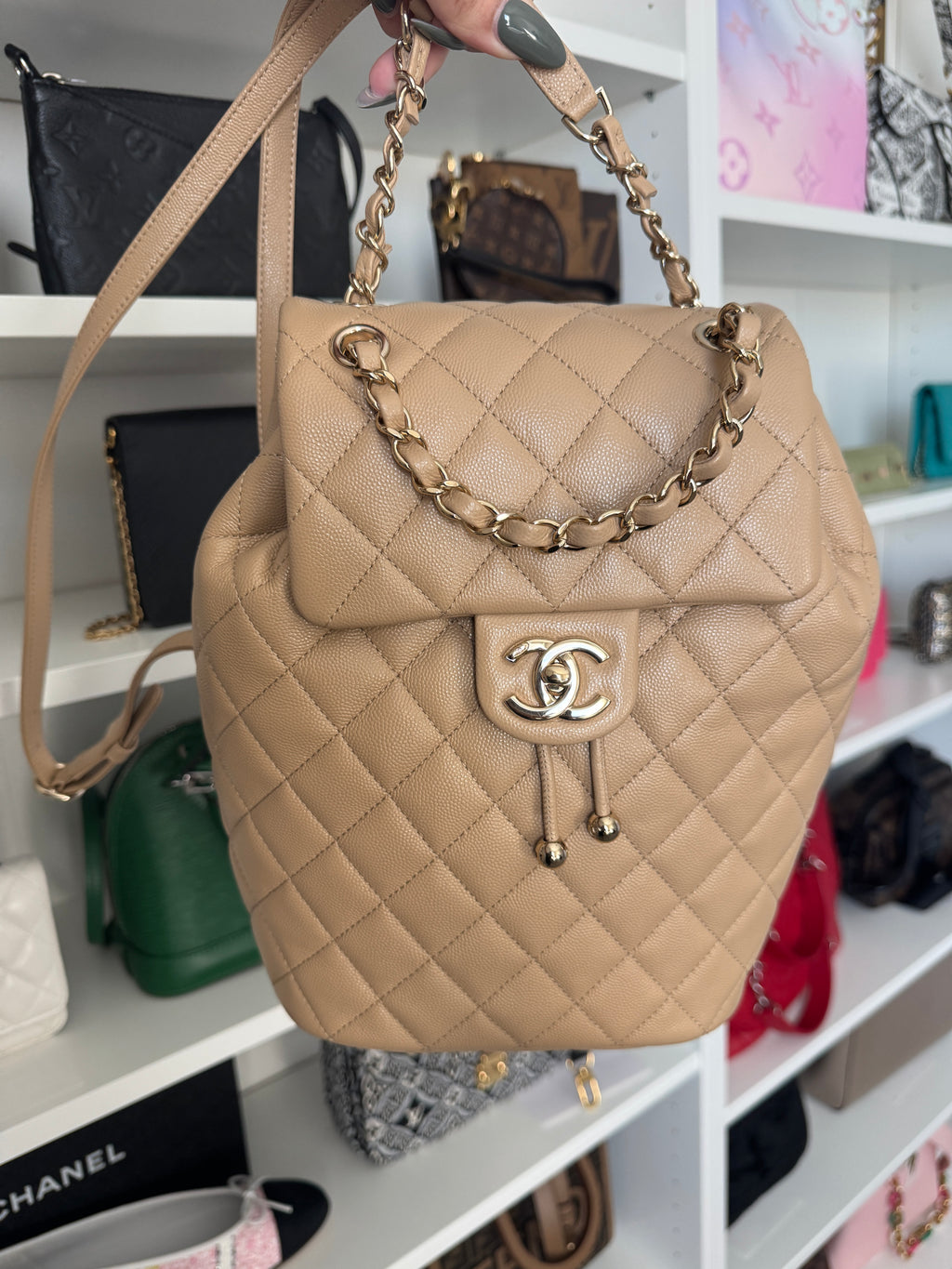 Chanel Urban Spirit Quilted Caviar Small Backpack Beige