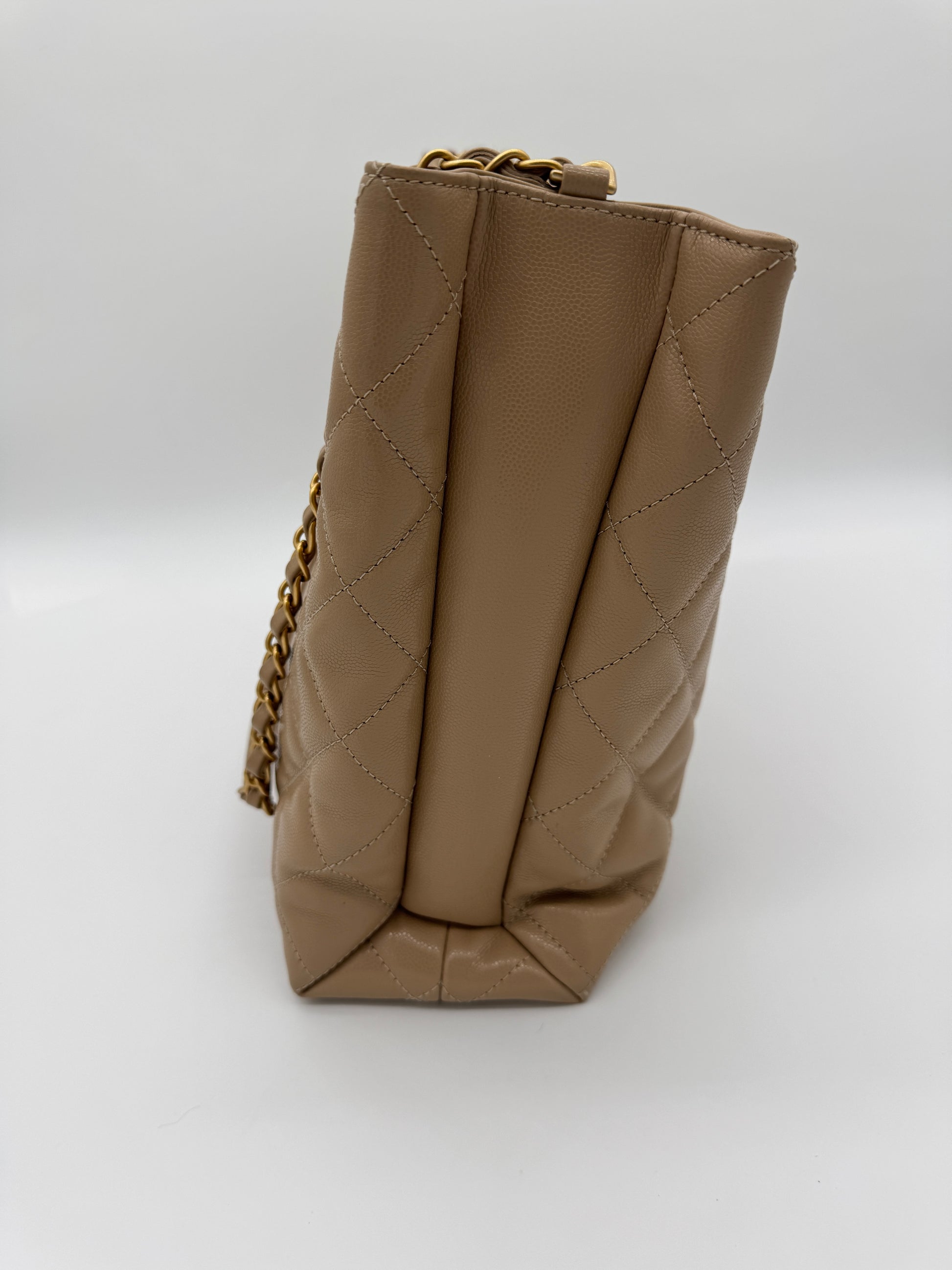 Chanel Shiny Caviar Chain Handle Quilted Shopping Tote Dark Beige 24S