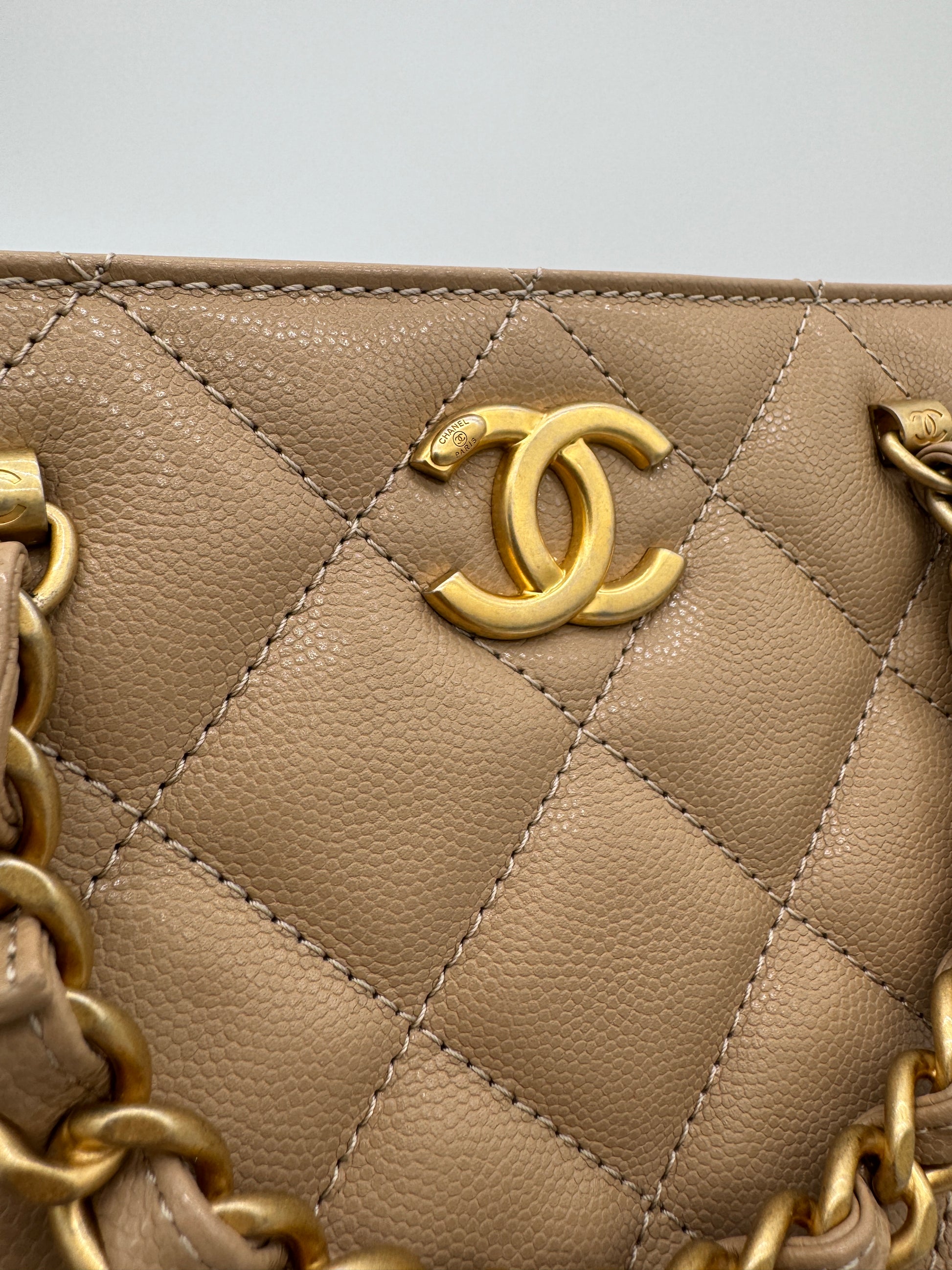 Chanel Shiny Caviar Chain Handle Quilted Shopping Tote Dark Beige 24S