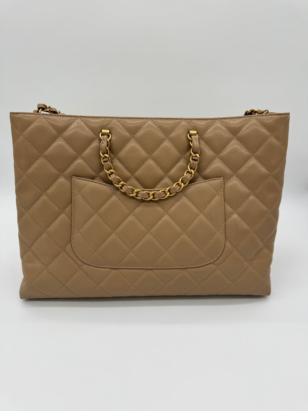 Chanel Shiny Caviar Chain Handle Quilted Shopping Tote Dark Beige 24S