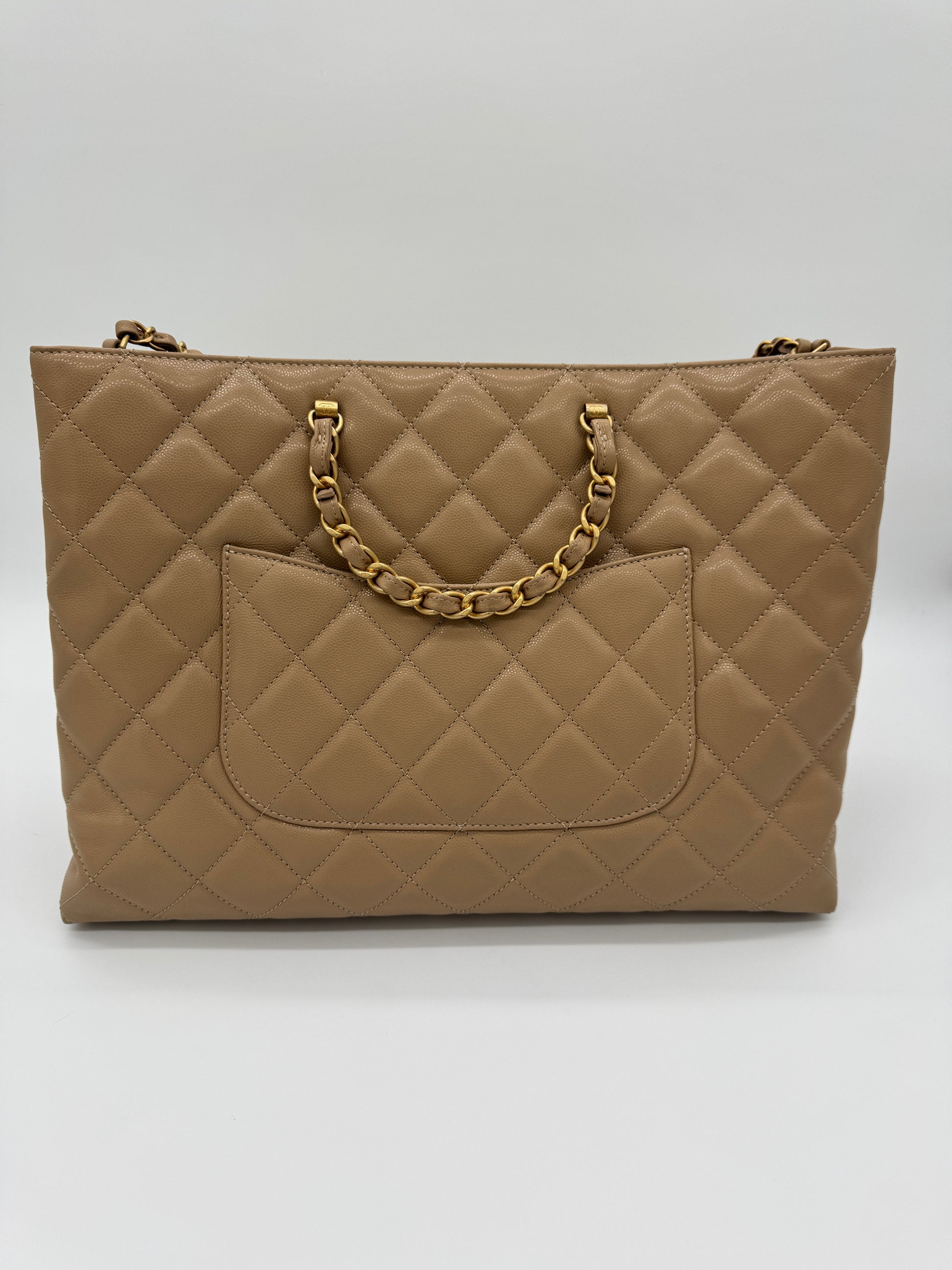 Chanel Shiny Caviar Chain Handle Quilted Shopping Tote Dark Beige 24S
