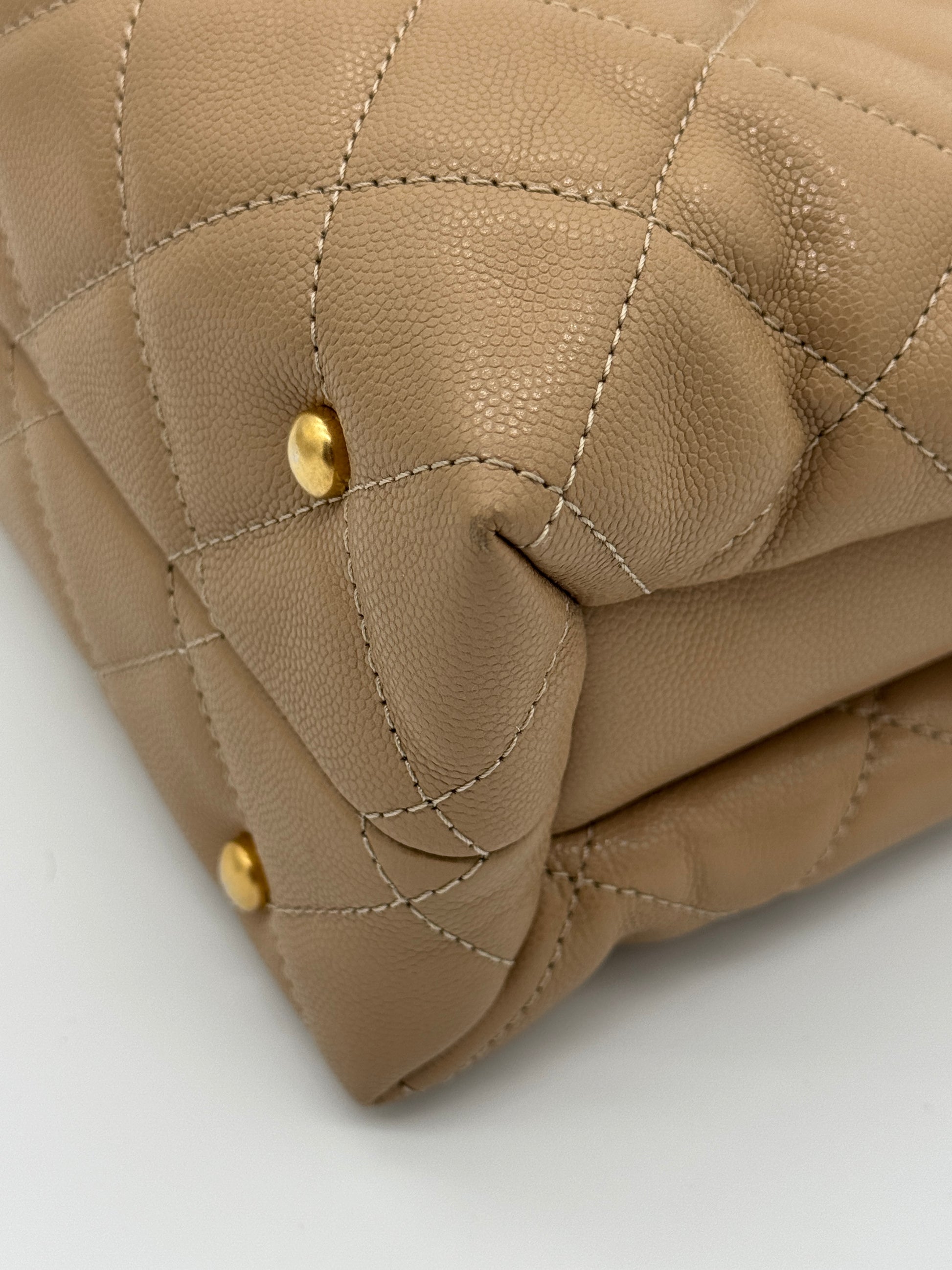 Chanel Shiny Caviar Chain Handle Quilted Shopping Tote Dark Beige 24S