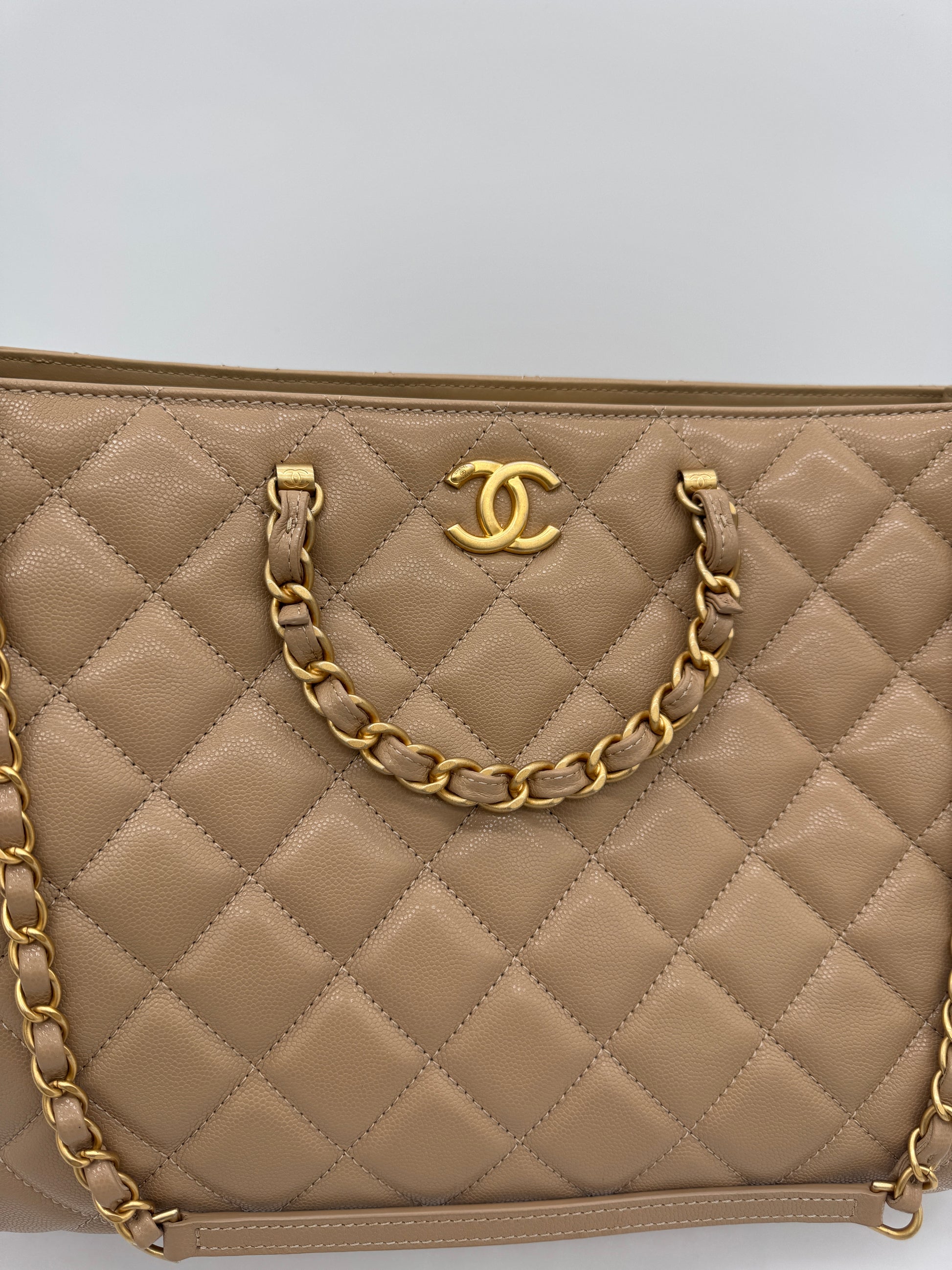 Chanel Shiny Caviar Chain Handle Quilted Shopping Tote Dark Beige 24S