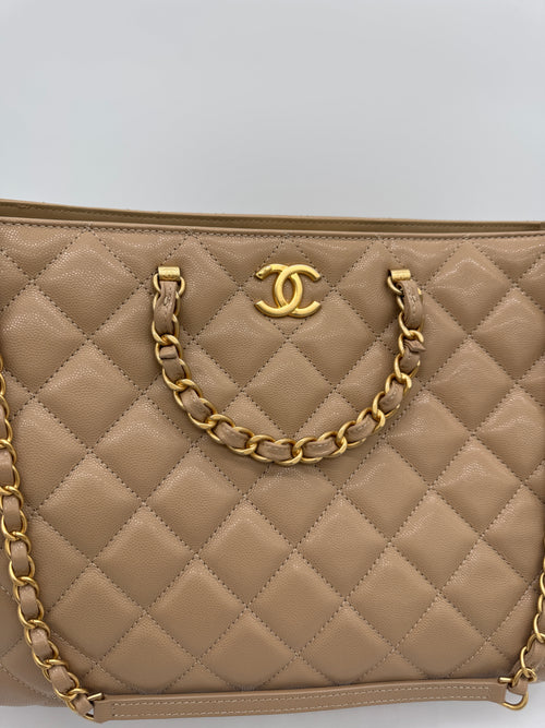 Chanel Shiny Caviar Chain Handle Quilted Shopping Tote Dark Beige 24S