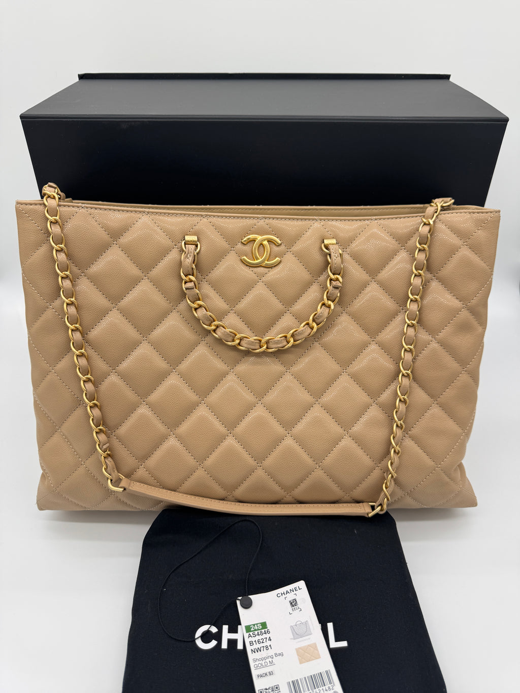 Chanel Shiny Caviar Chain Handle Quilted Shopping Tote Dark Beige 24S